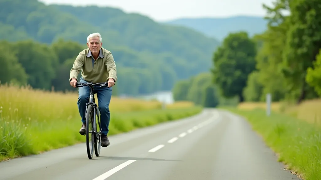 Cyklista jedoucí po značené trase Greenway s rozhledem na kopce a řeku