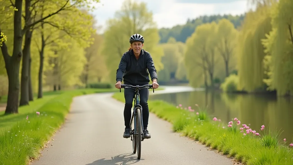 Cyklista jedoucí kolem řeky Moravy v Olomouci s přírodním prostředím