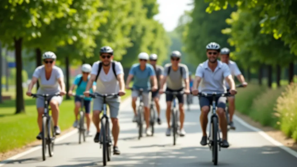 Skupiny cyklistů různého věku na cyklostezce, někdo v přilbě, slunečný den