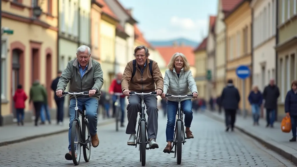 Skupina starších cyklistů v centru Olomouce