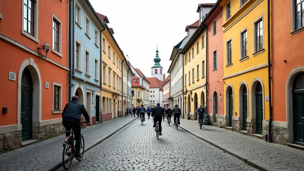 Historické ulice Olomouce s barevnými budovami a cyklisty na cyklostezkách