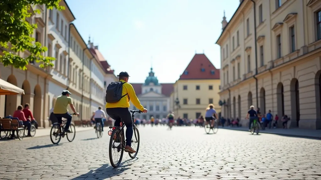 Staré město v Olomouci s cyklisty na náměstí a kamennou architekturou