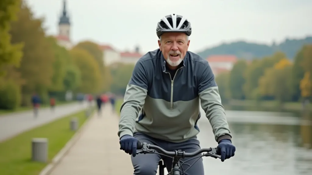 Cyklista v helmě jede podél řeky Vltavy v Praze při slunečném počasí