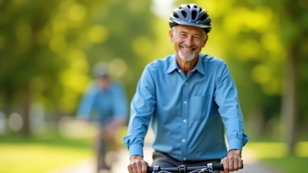 Senior muž v helmě sedí na bike-sharing kole v parku, usmívá se