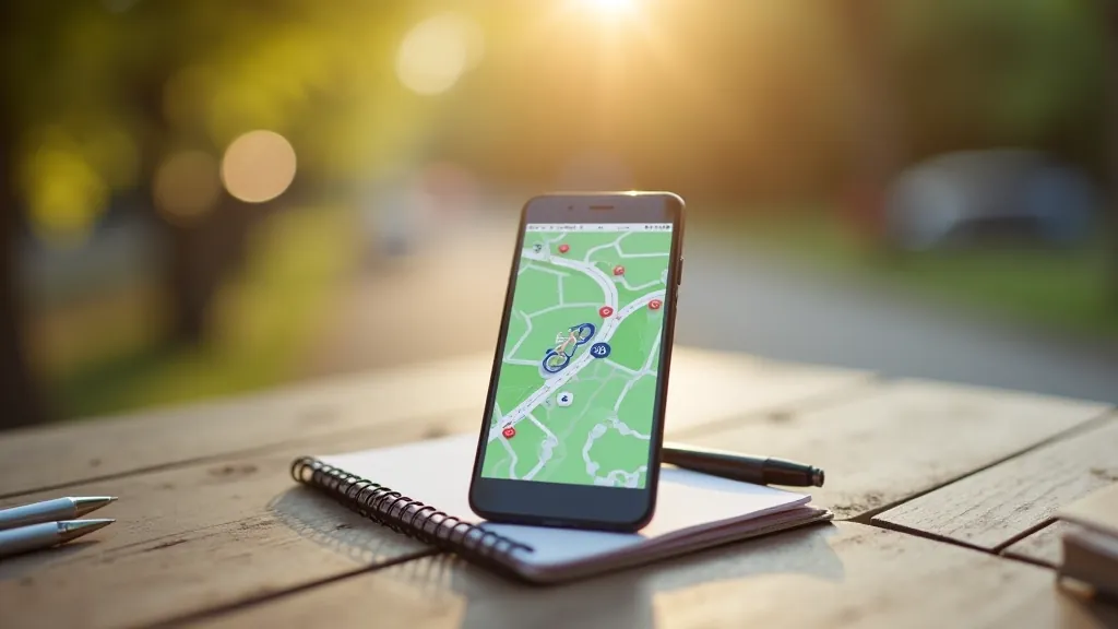 Mobilní telefon s aplikací bike-sharingu na displeji, položený na stole s mapou