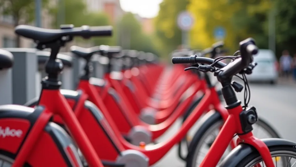 Stanice bike-sharingu s řadou zaparkovaných kol připravených k pronajmutí