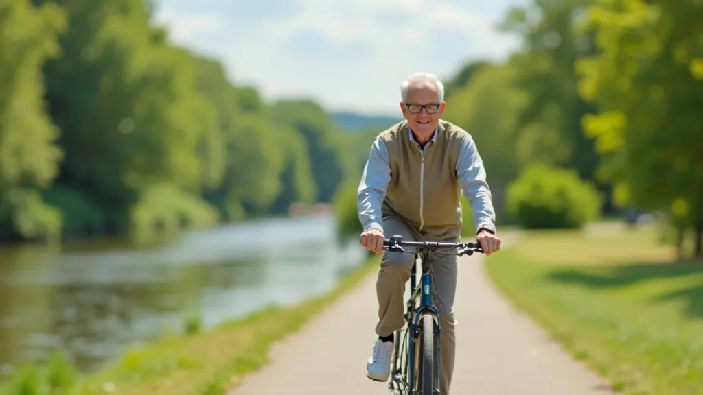 Starší cyklista na krásné cyklostezce podél řeky