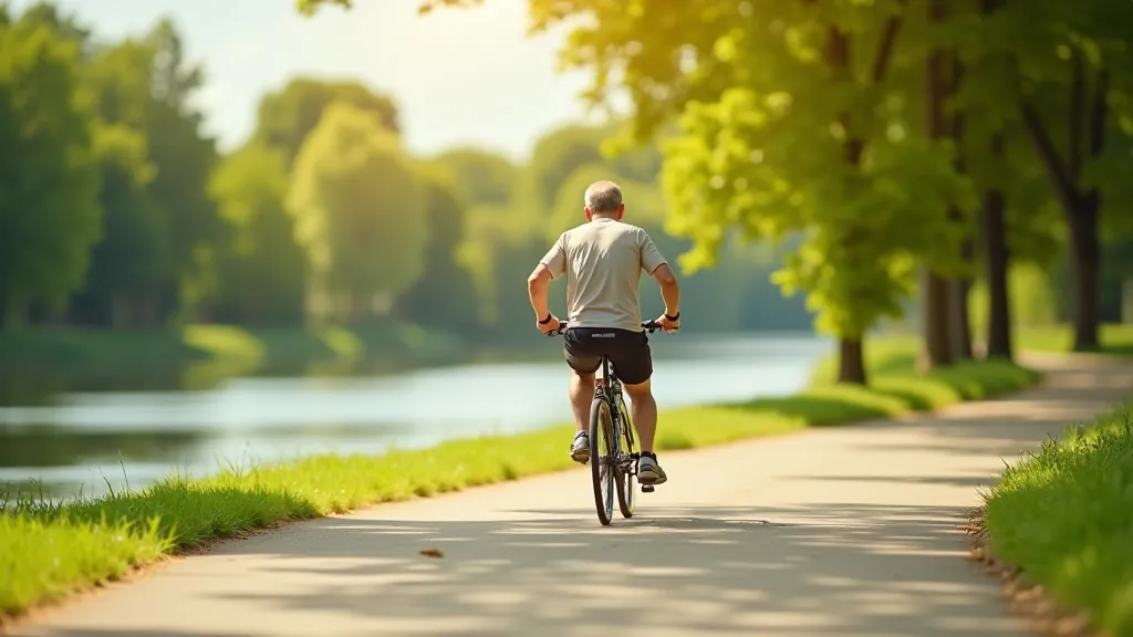 Cyklista seniorského věku jedoucí po Vltavě v Praze