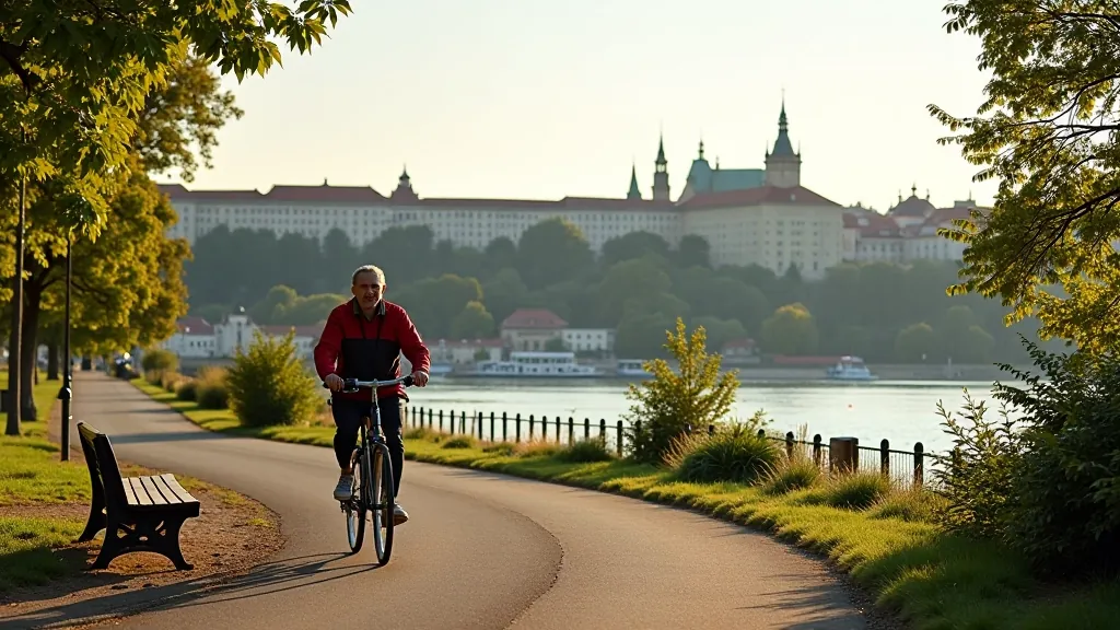 Vyšehradská pevnost a Vltava z cyklostezky s vyhlídkou na Prahu