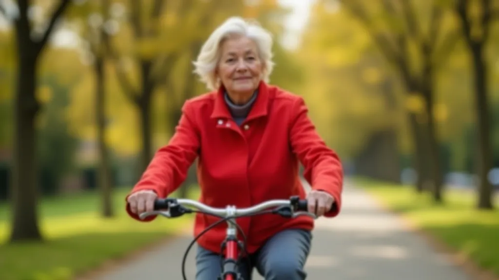 Starší žena jezdí na bike-sharing kole kolem parku, městská scenérie v pozadí